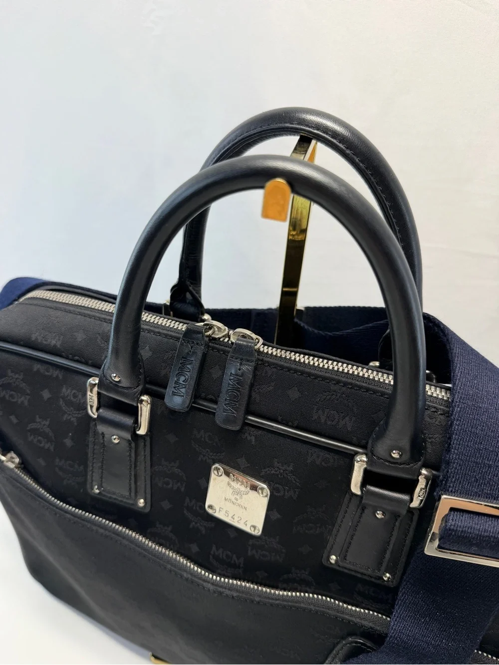 MCM Black Leather Briefcase with Navy Strap